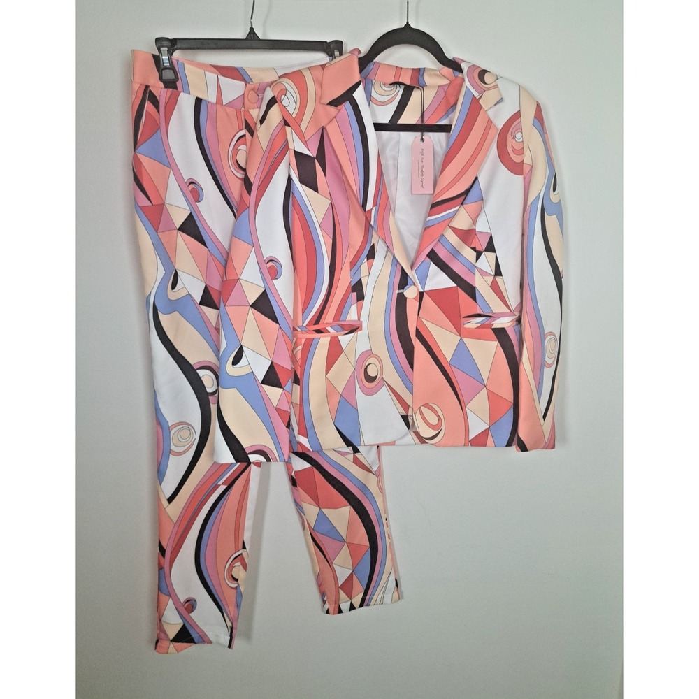 Nichole Lynel Pants Suit Size Medium Pink Orange Black Abstract
